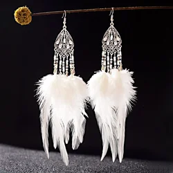 Gypsy Earring For Women Dangle Feather White Long Ear Jewelry Bohemia Vintage Trendy Beads Drop Earrings Fashion Jewelry
