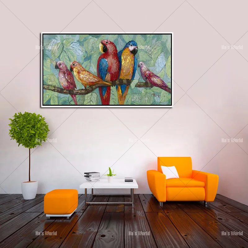 Hand Painted Group Macaw Parrots Textured Oil Painting On Canvas, Tropical Bird Canvas Wall Art For Home Decor