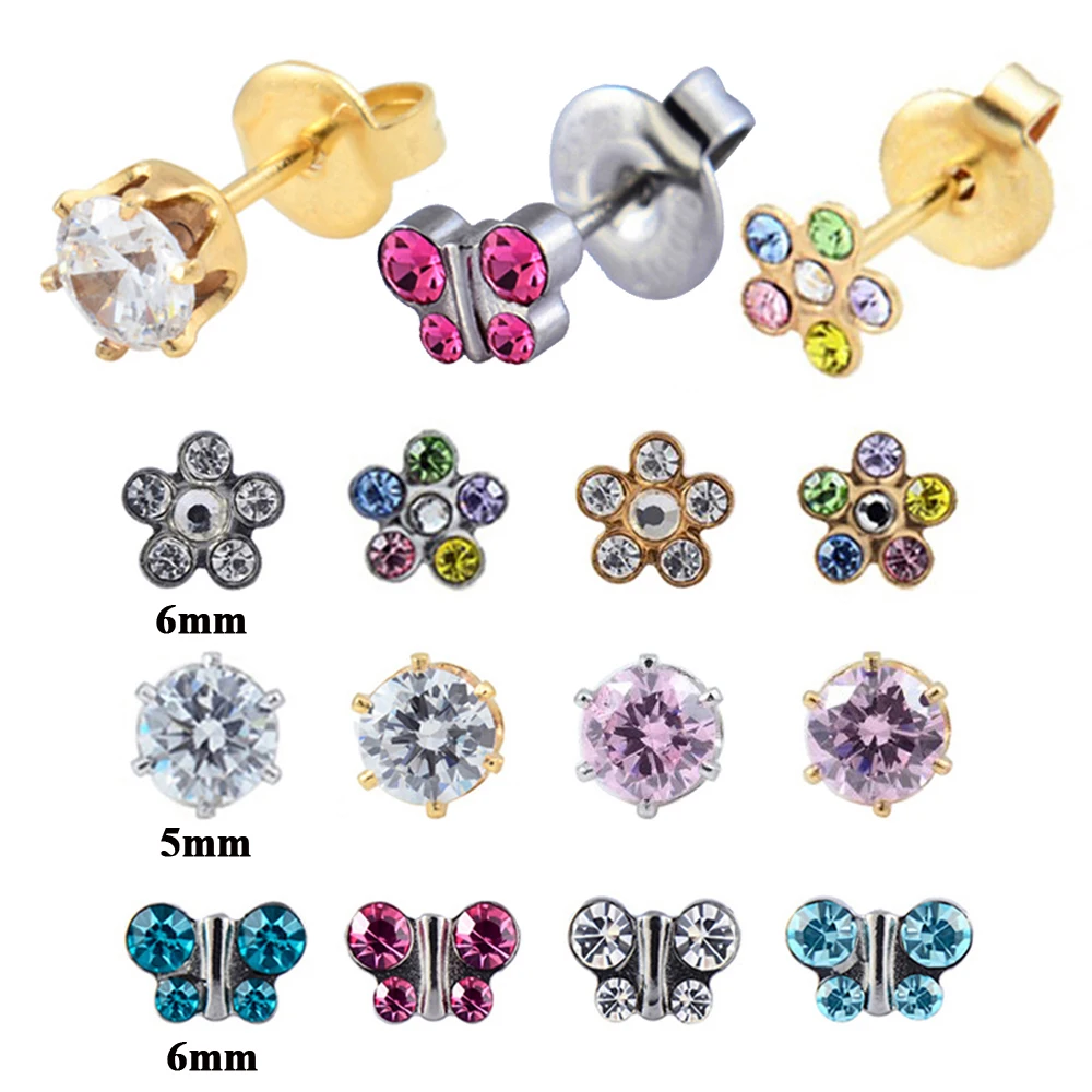 12Pairs Mix Design Surgical Steel Regular Size CZ Birthstone Earrings studs Crystal Butterfly Daisy Flower & Crown Earring Stud