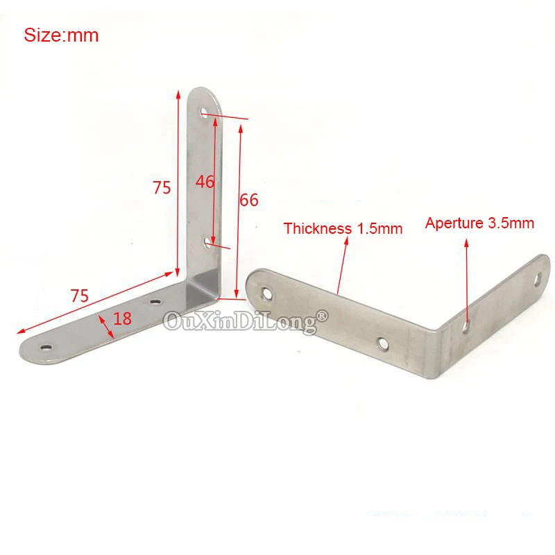 50PCS Stainless Steel L Right Angle Corner Braces 75x75x18mm Furniture Support Brackets Board Frame Shelf Reinforced Connectors