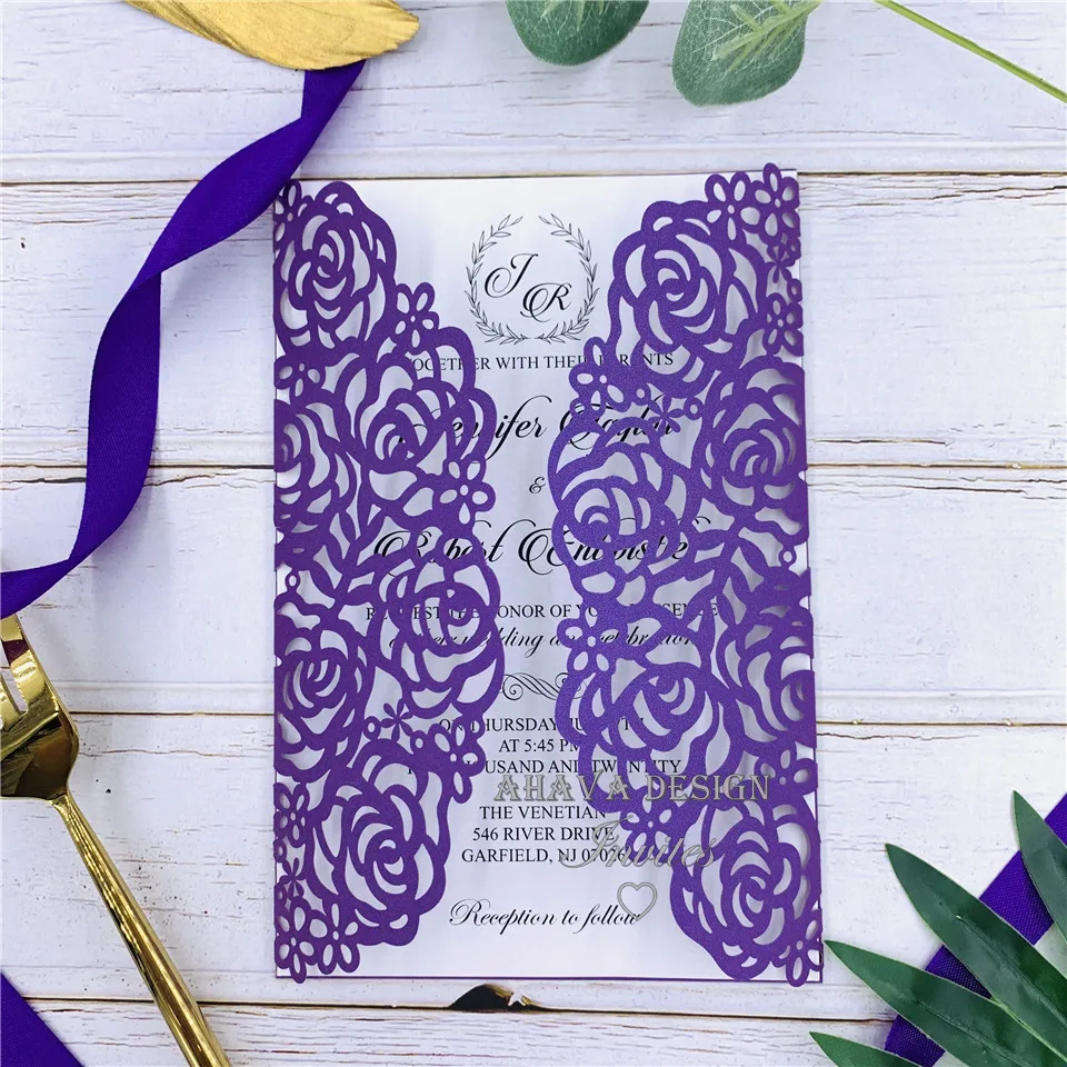 Shimmery Purple Laser Cut Wedding Invitates With Belly band, Customized Insert