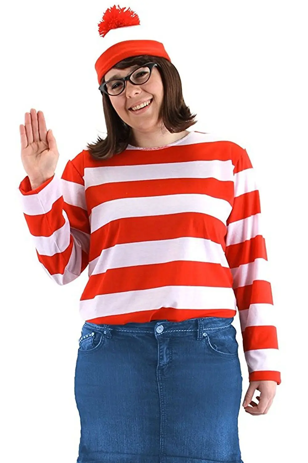 Where's Wally Waldo Now Womens Cosplay Stripe Shirt Costume Shirt Hat Glasses Set Halloween Carnival Christmas Suit