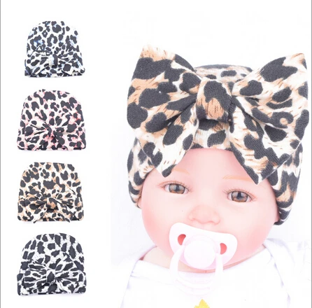 

2016 New Hospital Hat Girl Beanie With Leopard Big Bowknot Newborn Knit turban Hipster Caps Hat