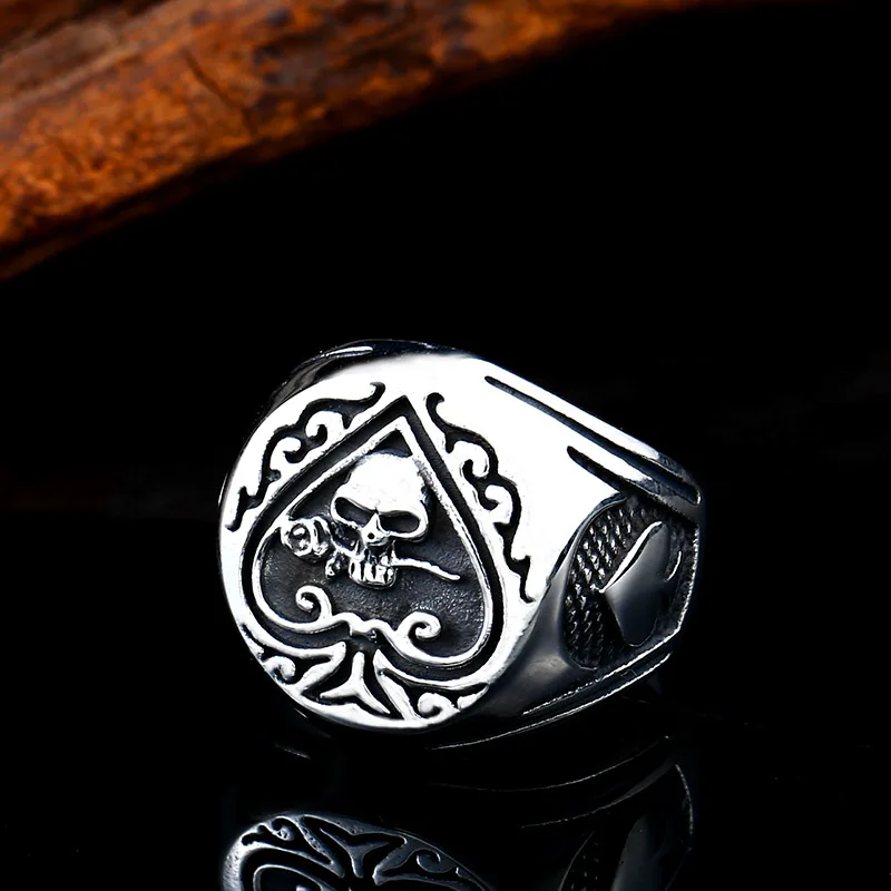 BEIER New Store Gothic Design Spades Poker Card Ring Skull Bite Rose Couple Fashion Lovers Gift Men\'s Jewelry LLBR8-603R