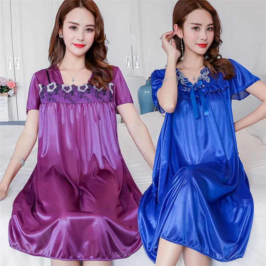 2021 novo verão ice silk nightgown feminino serviço de casa solto mais tamanho conforto imitação seda sexy mulher grávida