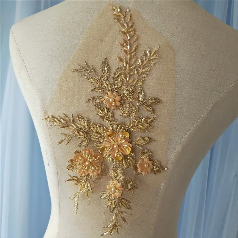 Elegant 3D Flower Embroidery Lace Applique, Pearl Beaded Lace, Trim Dress Fabrics, Material Colors, 28*16.5cm, 1 Pc