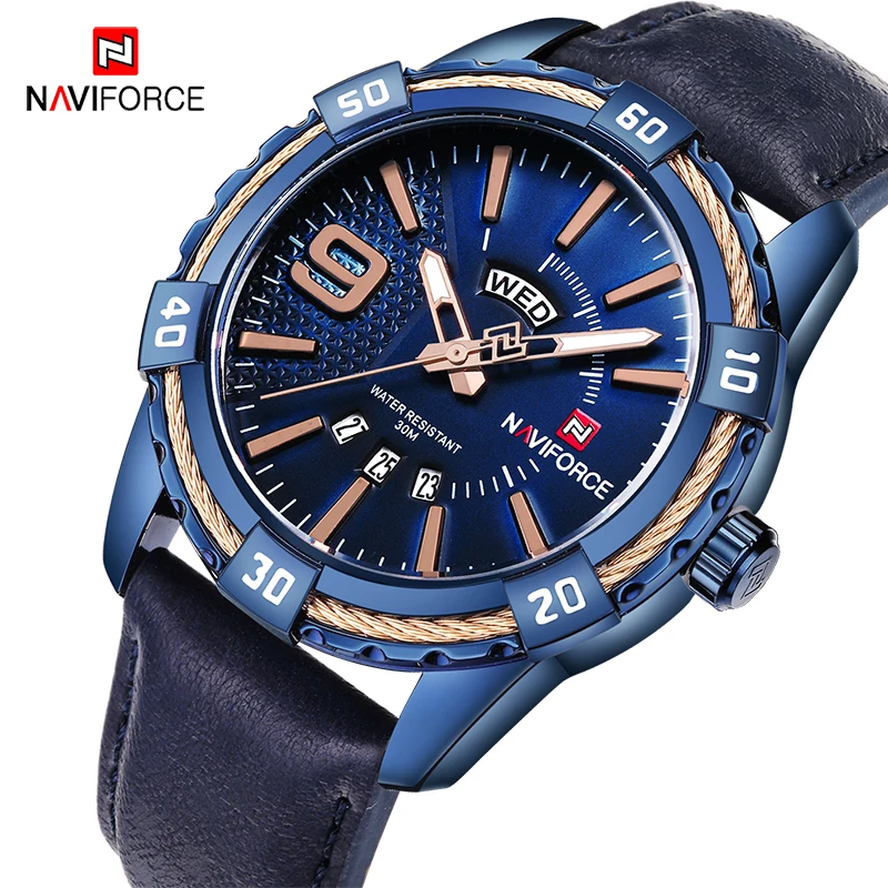 NAVIFORCE Blue Quartz Watch Men Military Waterproof Casual Sport Wrist Watch Male Fashion Leather Strap Clock