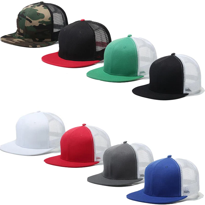 

Summer Breathable Flat Brim Camo Baseball Cap Mesh Snapback Men Hip Hop Hats Camouflage Black White Red Grey Royal Blue