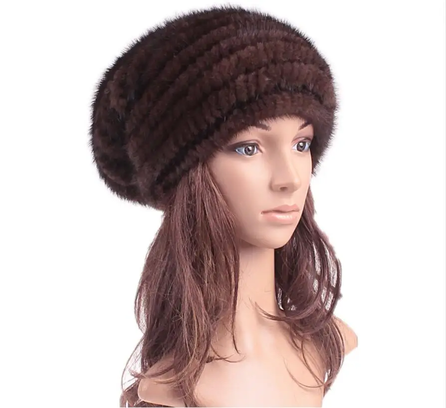 Natural mink fur baggy hat for women autumn winter white 4 colors big marten fur caps knitted fur warm hats H145