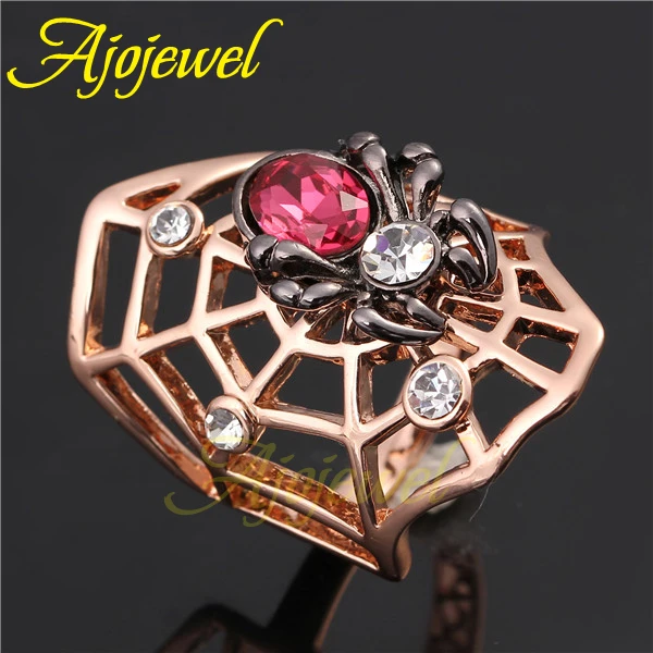 Ajojewel Exaggerated Cobweb Spider Rings For Women Rose Red Crystal Animal Jewelry