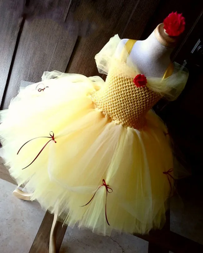 Girls Yellow Princess Tutu Dress Kids Crochet Tulle Flower Dresses Ball Gown with Red Ribbon Bow Children Party Costume Dresses