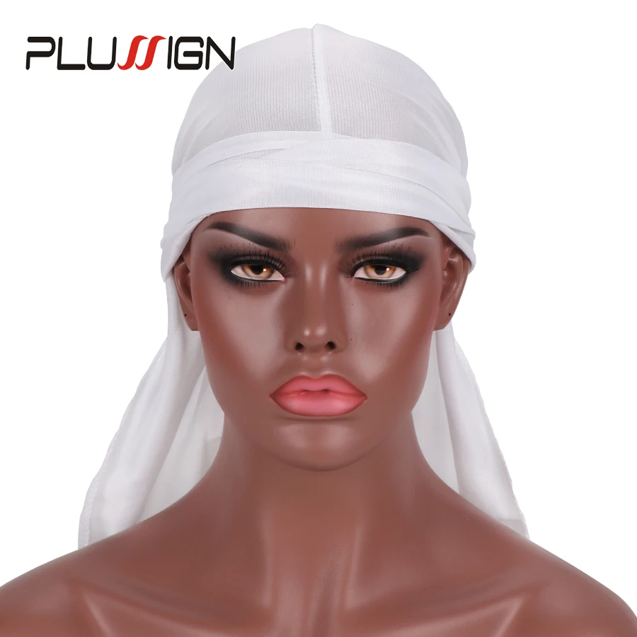 Plussign 실크 Durag 긴 꼬리 Durag 남녀공용 주름 없는 Du-Rag 100% 폴리에스터 화이트 블랙 Durag 스카프