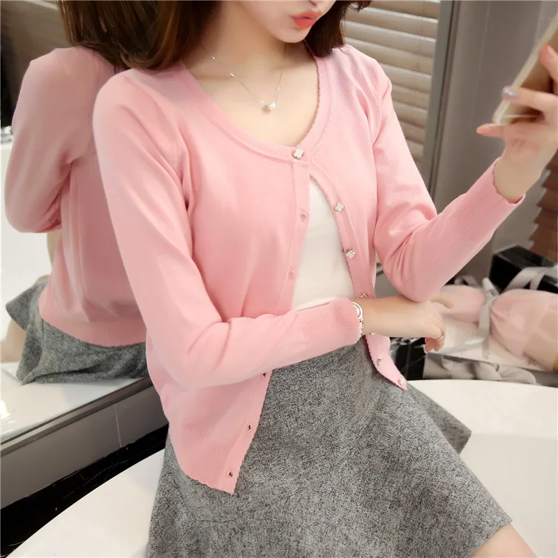 2024 spring summer the new film han edition of low round neck long sleeve knit pure color loose cardigan candy