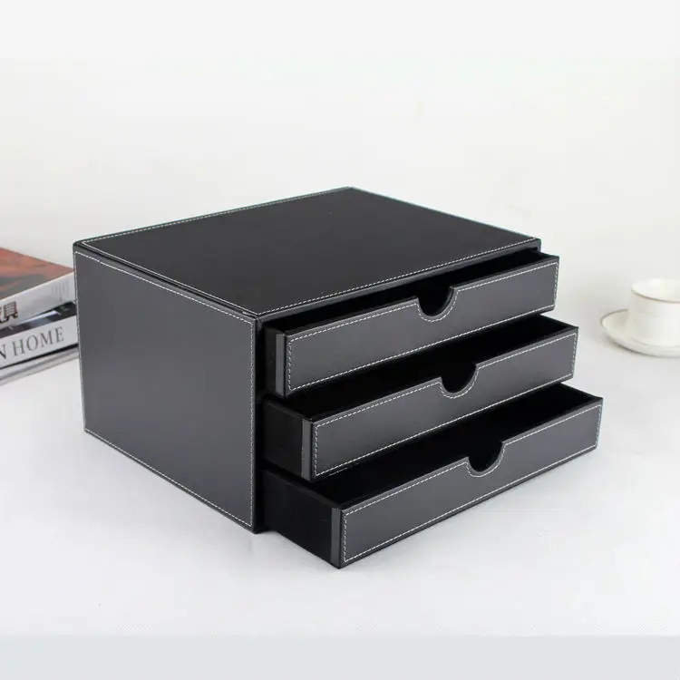 horizontal 3-layer 3-drawer wood struction leather desk filing cabinet storage box office organizer document container black217A