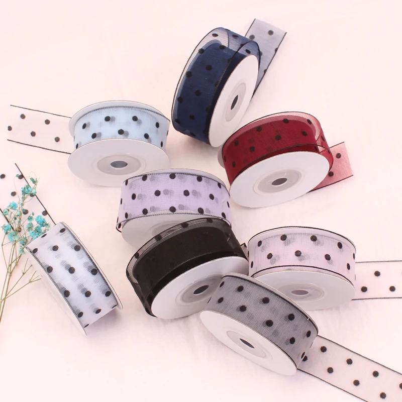 New (5 Meter/roll) 1''25mm Printing Dot Organza Ribbon Wedding Party Decoration Gift Wrapping Hair Bows DIY Christmas Ribbon