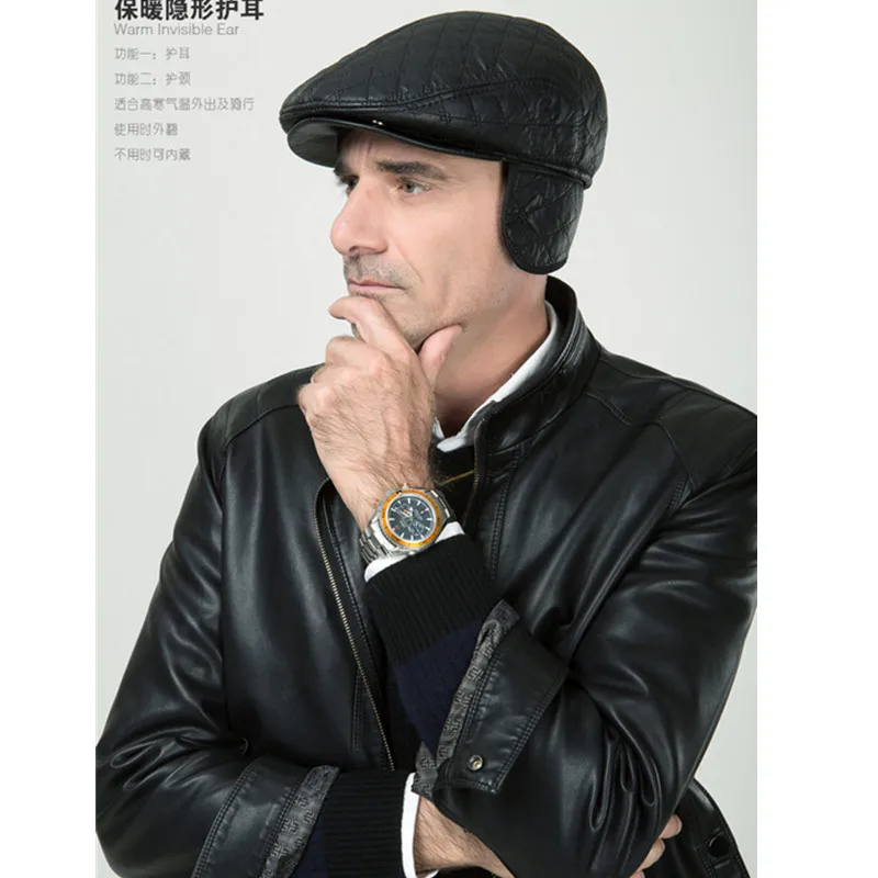 Men's Fashion Fur Hat Students Black Leather Octagonal Hat Middle-aged Visors Cap Men's Winter Warm Painter Cap  B-0601