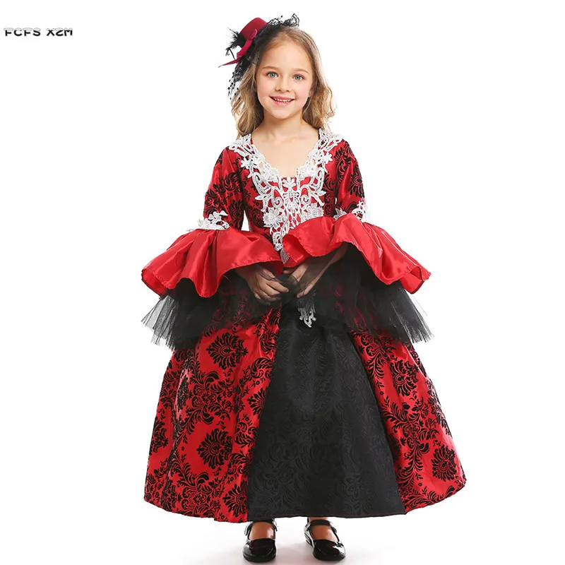 XS-L Red Girls Halloween Vampire Costumes Kids Children Queen Young Lady Cosplay Carnival Purim Masquerade Role Play Party Dress