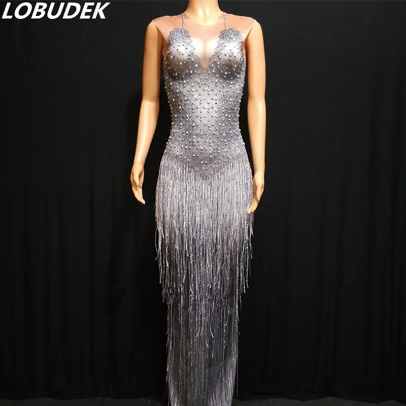 Sexy Women Gray Crystals Tassels Long Dress Birthday Party Elastic Skinny Package Hips Dress Singer Host Stage Nightclub Costume