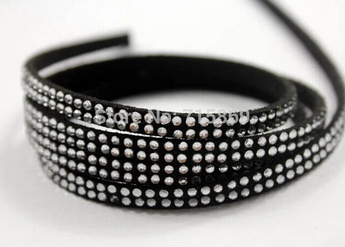 Free Ship 100 Meterse 5mm*1.5mm Black  Flat  Faux Suede Leather Cord With Two Lines Silver  Studs