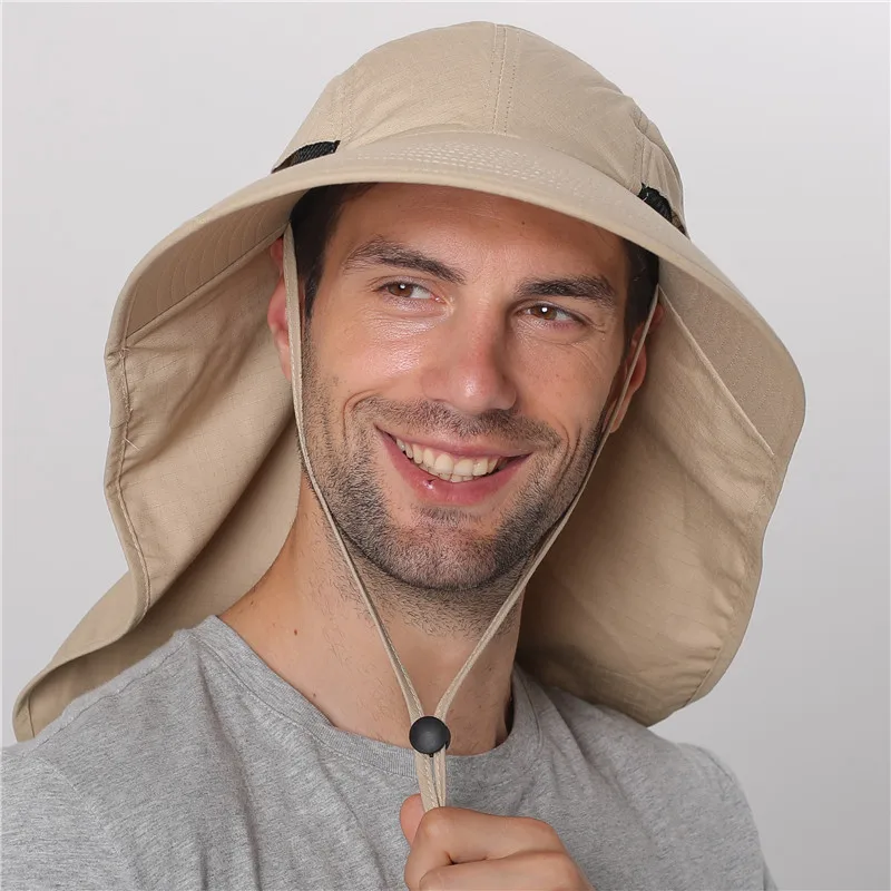 Chapeau de Soleil d\'Été en Coton pour Homme et Femme, avec Rabat de Cou, Protection UV en Plein Air, Large Bord, Randonnée, Pêche, Safari, E27