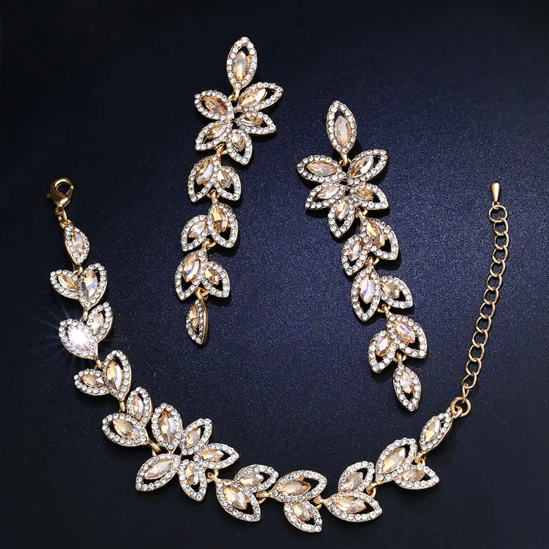 FLOLA Gold Silver Color Crystal Bridal Jewelry Sets Leaves Shape Bridal Bracelet Earrings Wedding Jewelry Sets for Women brta02