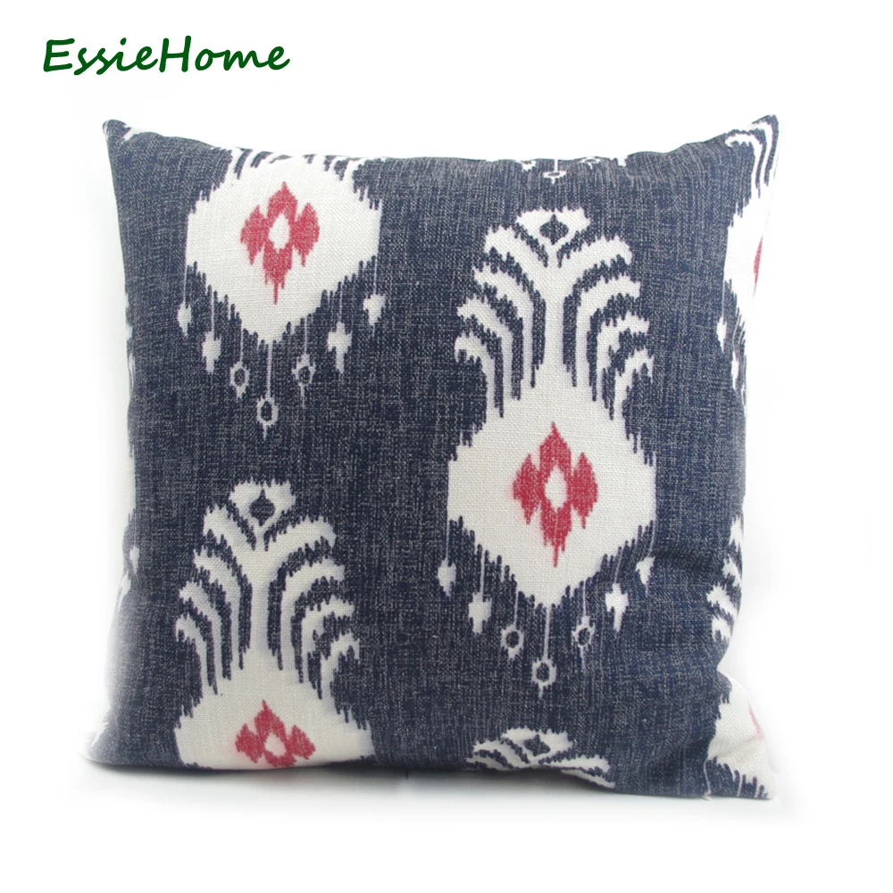 ESSIE HOME High-End Hand Print Dark Blue Navy Ikat Pattern Pillow Case Cushion Cover For Sofa Vintage Look Home Decoration Throw