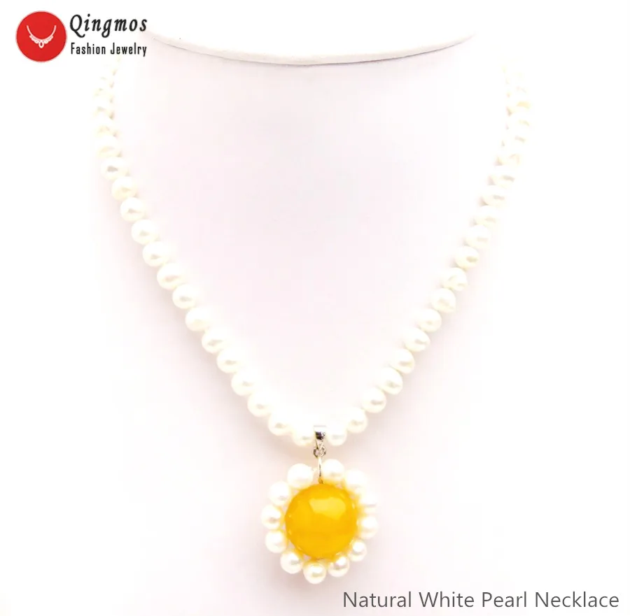 

Qingmos Natural Pearl Pendant Necklace for Women with 6mm White Pearl Necklace 18mm Yellow Jades Stone Necklace 17" Jewelry 6528