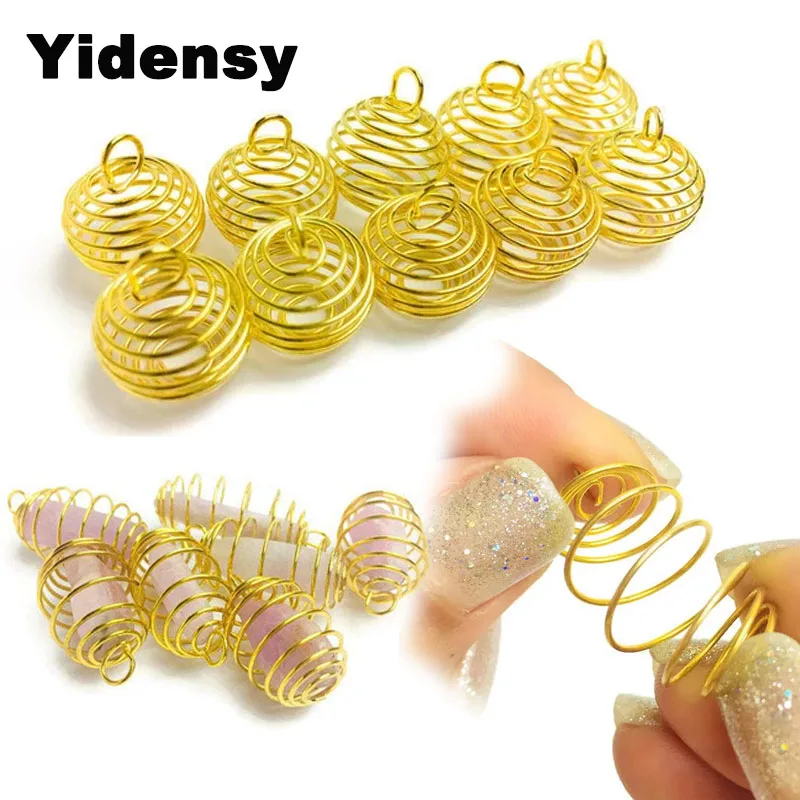 Yidensy 20pcs Small Shiny Gold Silver Color Wire Wrap Cage Pendants Beads for DIY Crystals Stones Jewelry Making Craft Supply