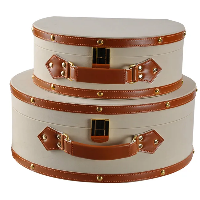 2PC Beige cashmere leather suede handbag arc cosmetic bag storage jewelry box model room decoration box