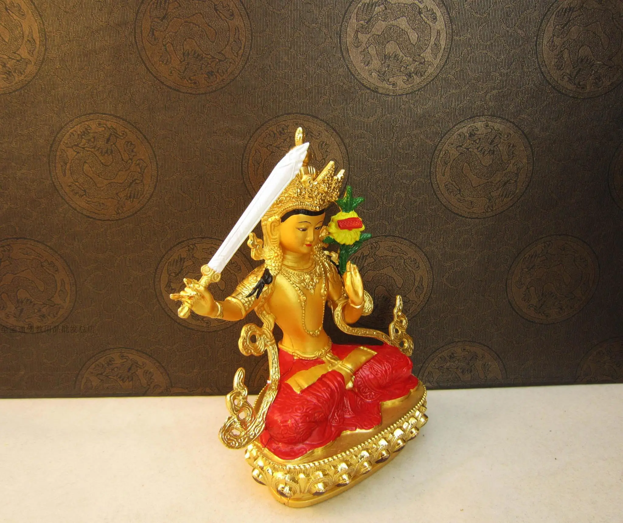 Tibetan Buddhism Tantra Manjusri Buddha statue, Manjushri Bodhisattva Statuette, Alloy material painted ornament for worshipping