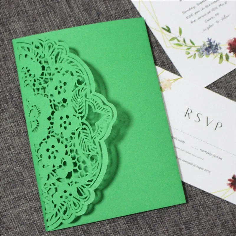 

Green wedding invitations St Patrick's Day greeting card elegant laser cutting invitation pocket tri-folded customized printing