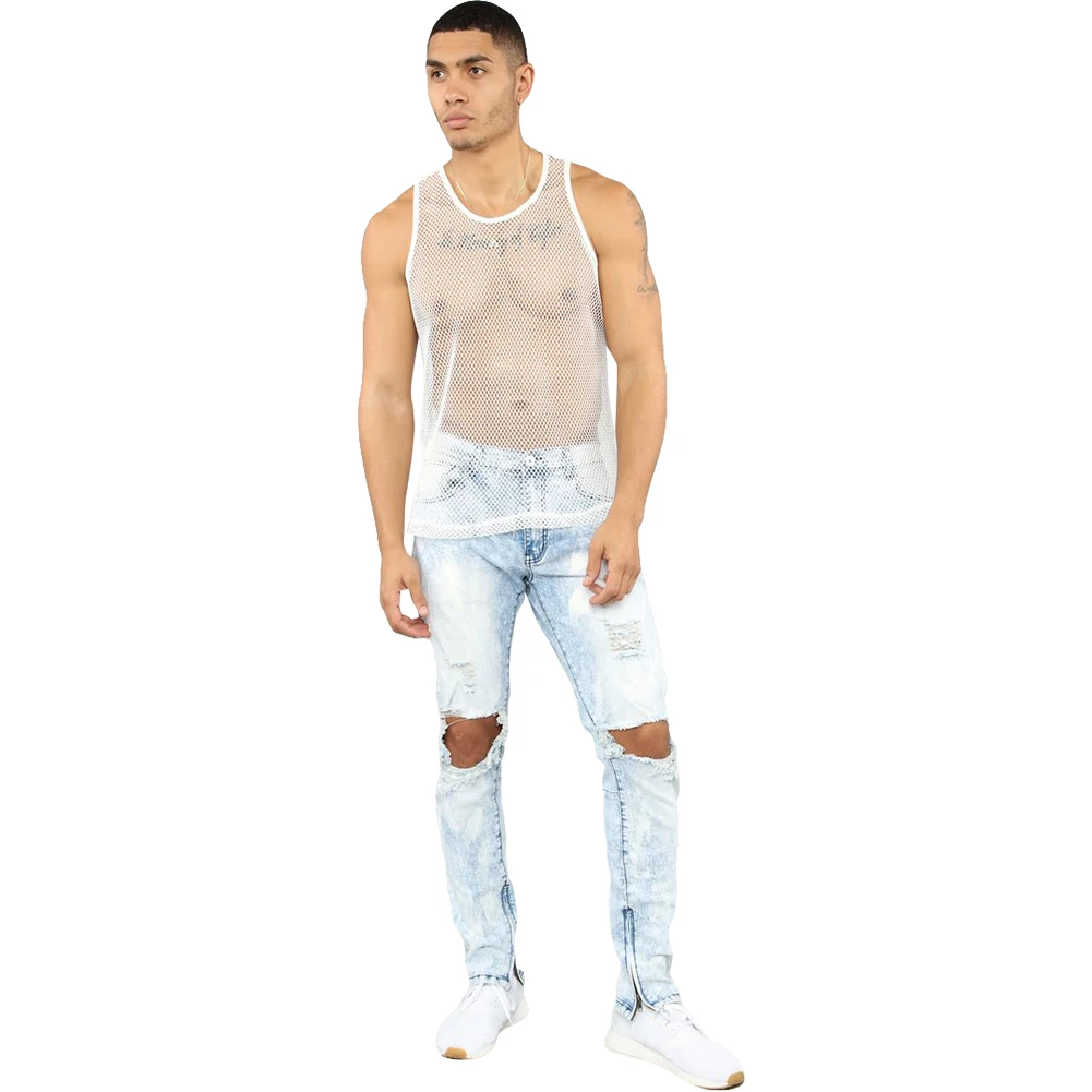 Jogger Men Gym See Though Tee Bodybuilding Strong Hoodie Tops Muscle Vest Fashion Man Fishnet Tank