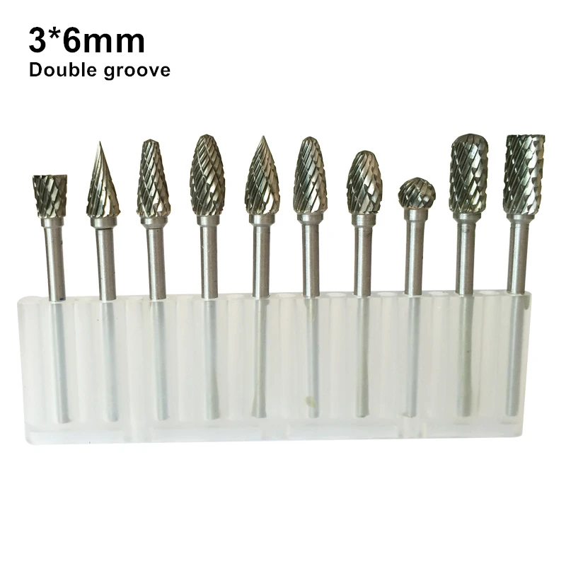 10pcs Tungsten Carbide Rotary File Double Groove Metal Grinder Alloy Trimming Mill Cutter Carved Polish Bit 3*6mm