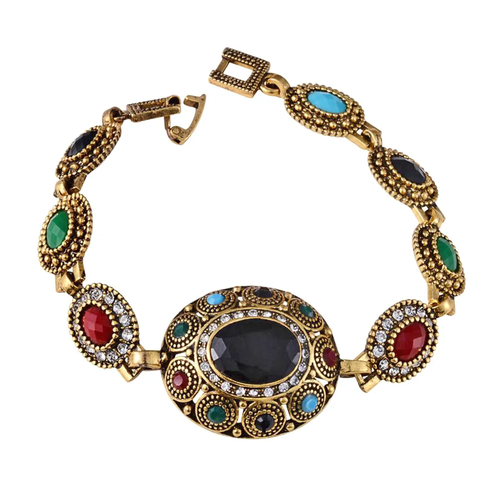 Turkish Jewelry Ethnic Bohemian Bracelets For Women Red Gem Stone Black Resin Tribal Gold-Color Femme Bracelet Jewellery