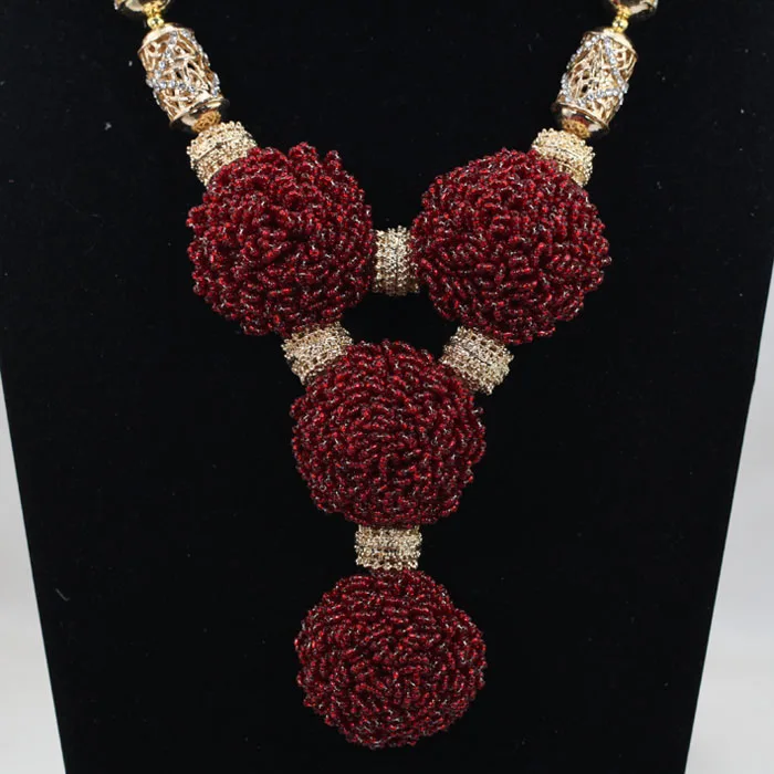 2017 Burgundy Beaded African Costume Jewelry Set Luxury Wine Burgundy Dubai Bridal Women Jewelry Set for Nigerian Wedding ABH384