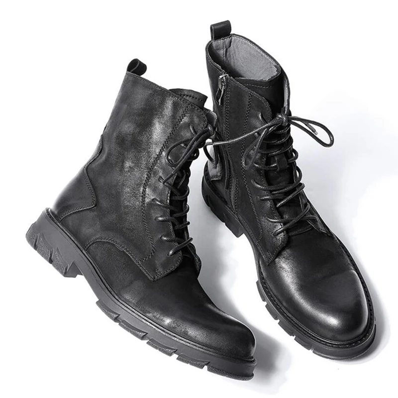 

Men's Retro Thick Heel Genuine Leather Mid Calf Ridding Boots Work Safety Winter Hight Quality Warm Shoes Man