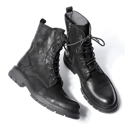 Men's Retro Thick Heel Genuine Leather Mid Calf  Ridding Boots Work Safety Winter Hight Quality Warm Shoes Man