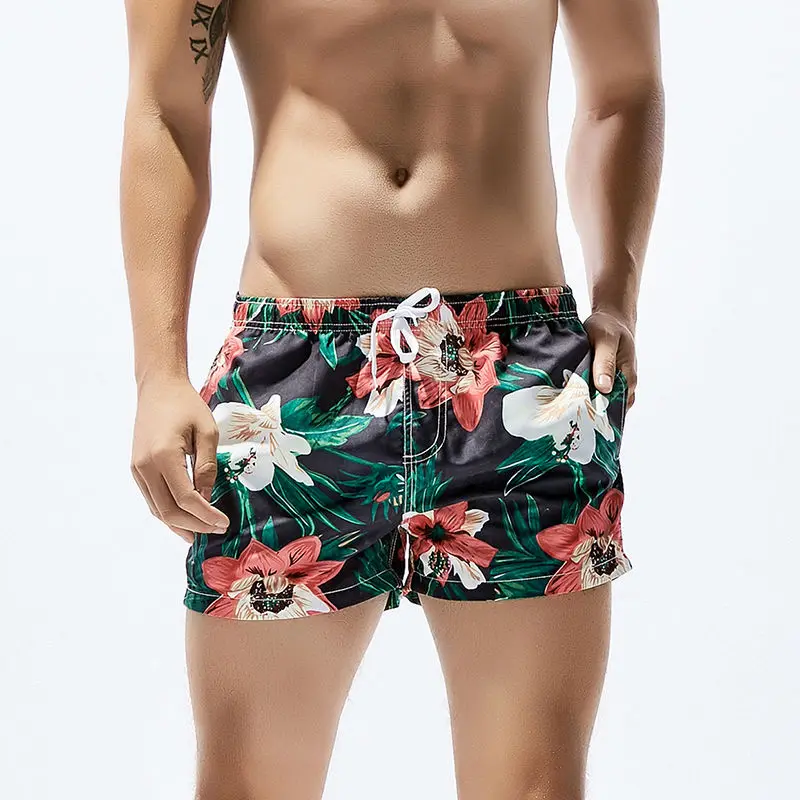 Men's Beach Shorts Gay Swimsuit Swimwear Polyester Surfing Shorts Flowers Printed Swim Trunks Loose Board Shorts Beach Pants