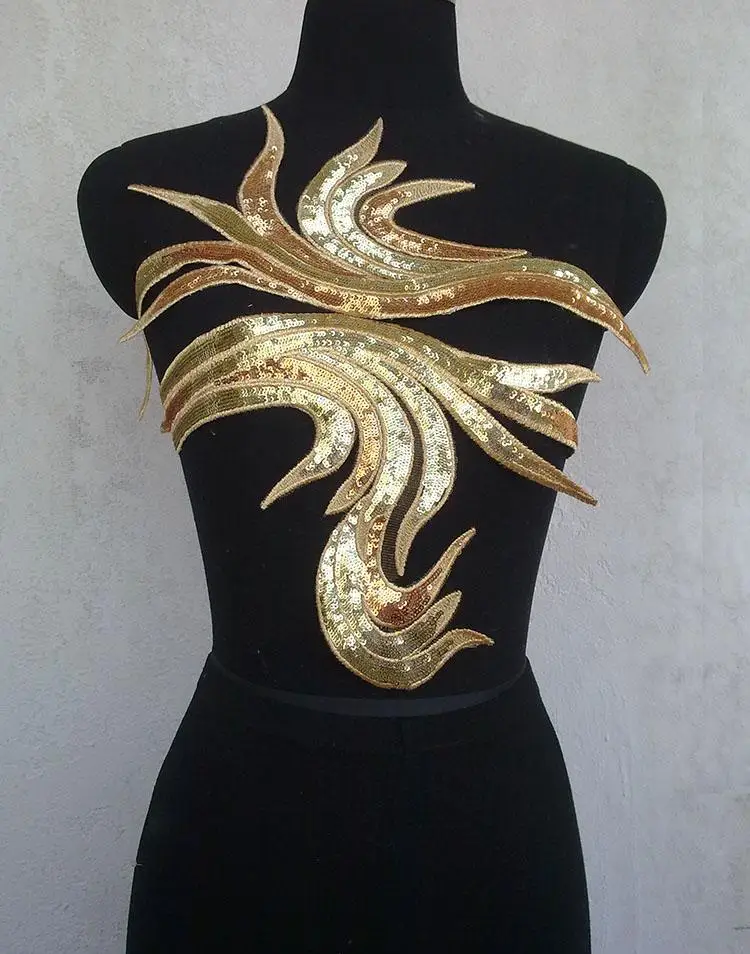 15*50-20*55cm Large Golden & Blue Paillette Sequin Embroidery Phoenix Peacock Feather Sew-on Patch Applique For Clothes DIY