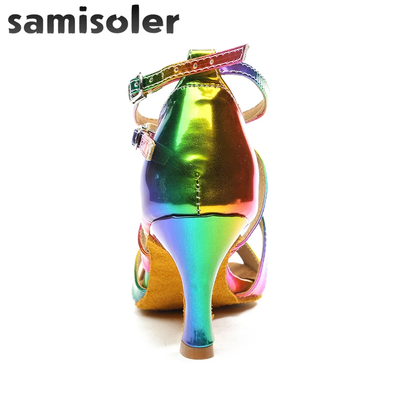 Samisoler Latin Dance Shoes Rainbow Colors bright PU Women\'s Salsa elegant Ballroom dancing shoes soft tango dance shoes heel