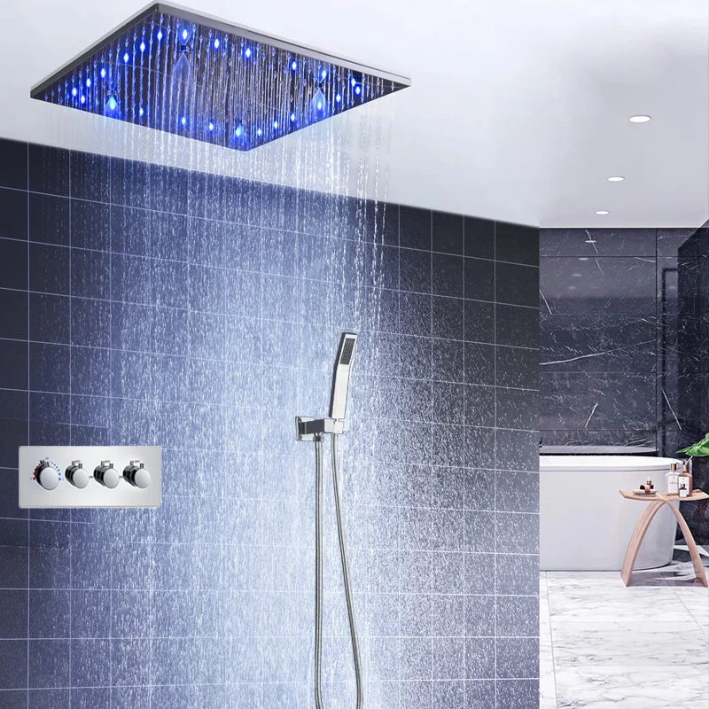 LED Shower System Set 20 Inch Square Bathroom Mist Rain Showerhead  Constant Temperature  Thermoststic Diverter Faucets