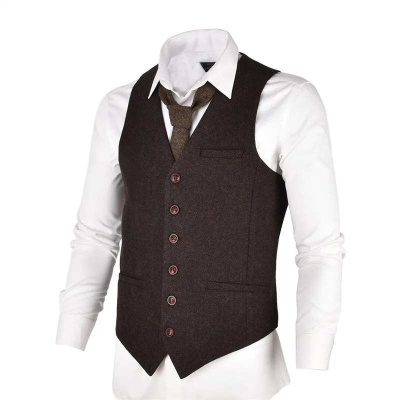 

VOBOOM Mens Tweed Vest Suit Slim Fit Wool Blend Single Breasted Herringbone Waistcoat Men Waist Coat for Male 007