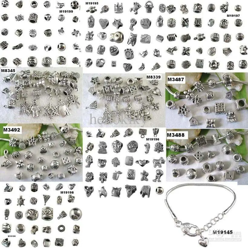 One Set of 300pcs bead Charms Plus 300pcs dangles and 50pcs Silver Bracelets M19946