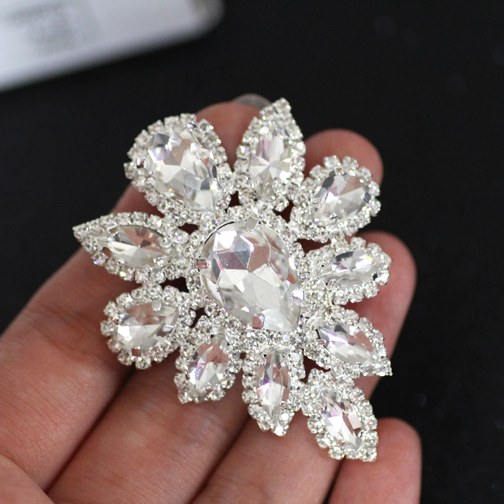 5.8*4.5cm White Crystal rhinestone applique Silver Base Belt Applique Sew on Rhinestone For Party Wedding Dress Fake Decoration