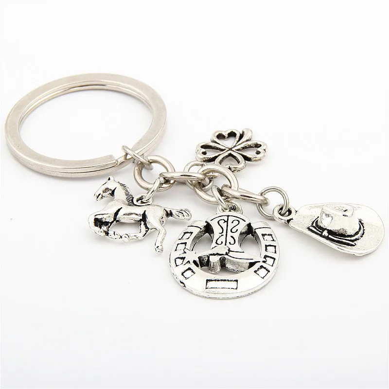 1pc Clover Charms Boot Keychain Cowboy Hat Keyring With Horseshoe Pendant Jewelry Cowboy Gift E1660