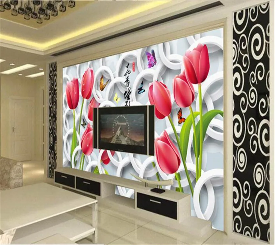 Beibehang tapete für wohnzimmer Floral Tulpe Schmetterling 3D stereoskopischen Kreis Hintergrund Wand Dekorative 3d tapete wandbild