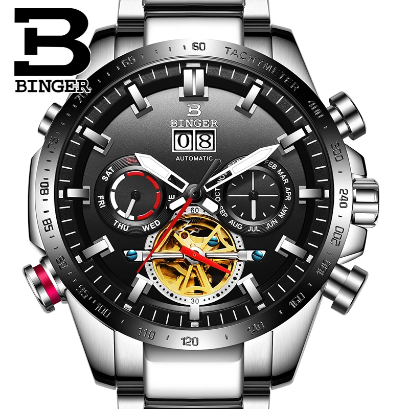 

Genuine Luxury Switzerland BINGER Brand Men automatic mechanical Luminous waterproof sports full steel belt male fashion watch