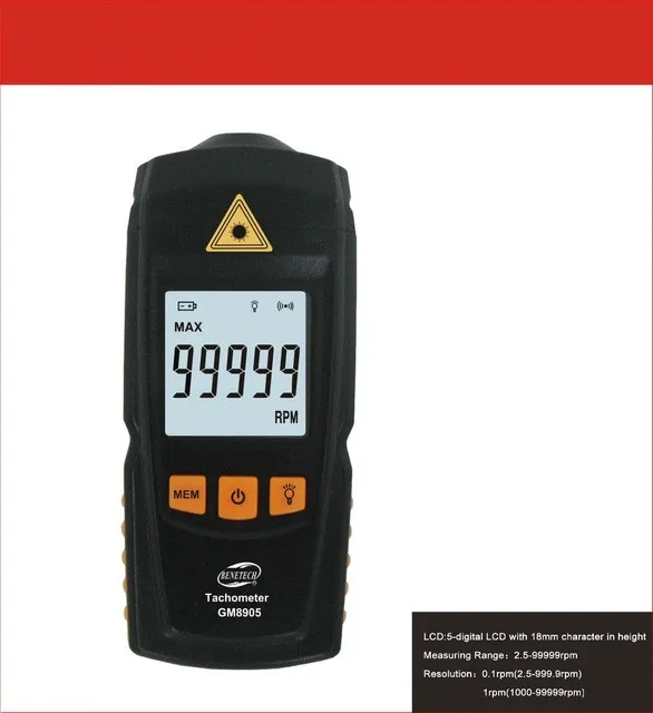 

GM8905 Non-contact Portabel Digital Laser Tachometer Tach Meter Tester Wide Measuring Range 2.5-99999RPM With LCD Display