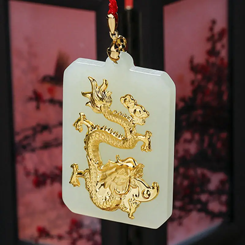 

Natural milk white Jade With 18K Gold Dragon Pendant Lucky Man Ornaments Amulet *Certificate+Free Gift Box