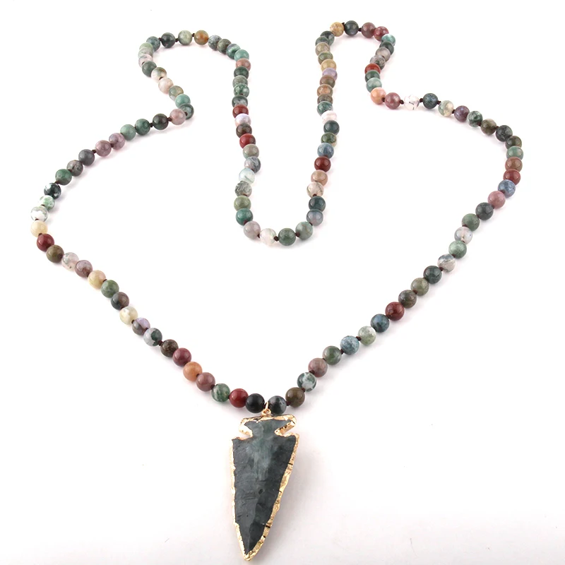 Fashion 130cm Long Knot Halsband India Agat Arrowhead Pendant Necklace Handmade Women Natural Stone Bead Necklace